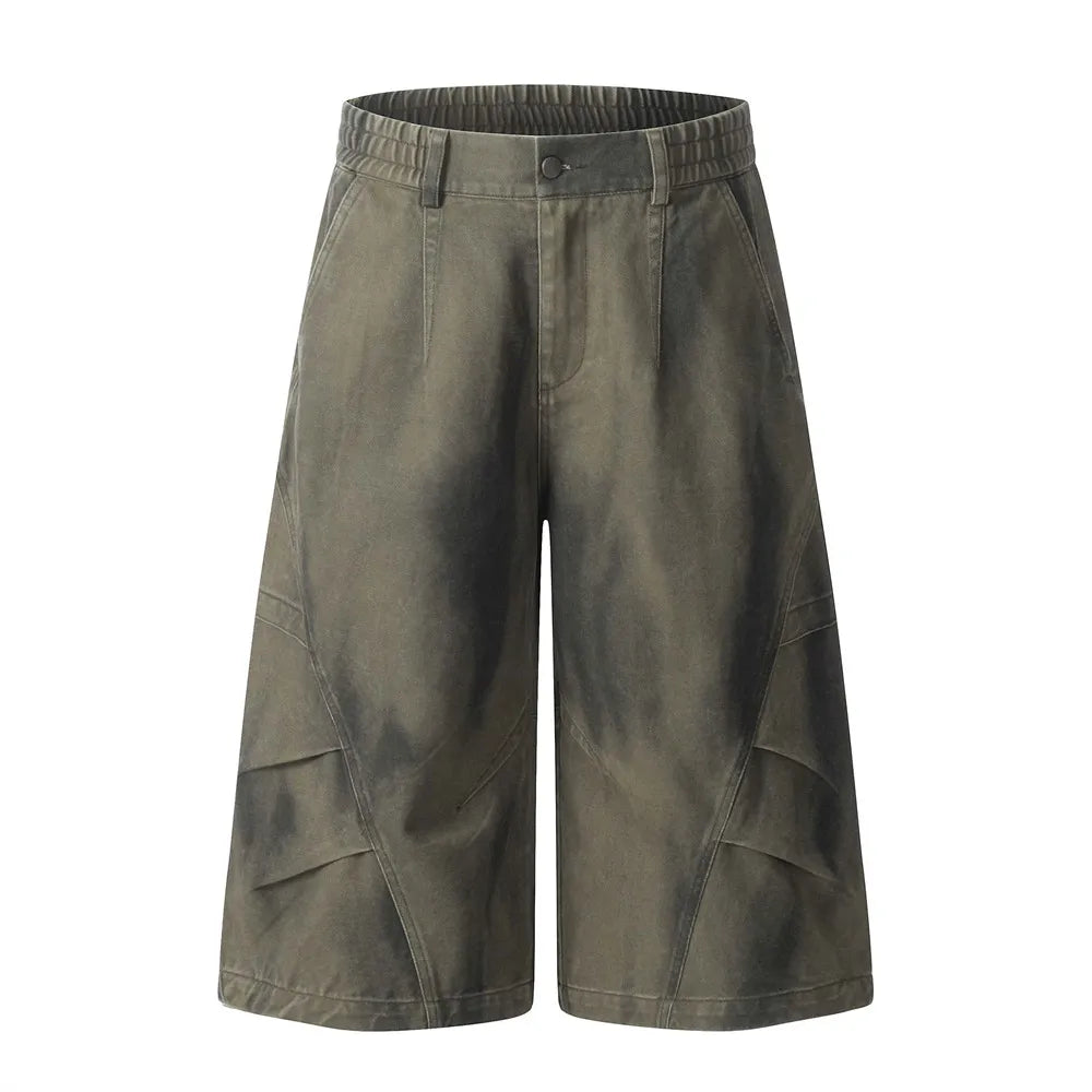 Distressed Dirty Wash Cargo Shorts Mens Pleated Spliced Summer Safari Style Elastic Waist Loose Wide Leg Cropped Trousers Men