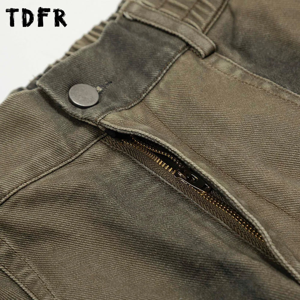 Distressed Dirty Wash Cargo Shorts Mens Pleated Spliced Summer Safari Style Elastic Waist Loose Wide Leg Cropped Trousers Men
