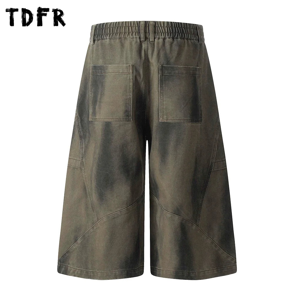 Distressed Dirty Wash Cargo Shorts Mens Pleated Spliced Summer Safari Style Elastic Waist Loose Wide Leg Cropped Trousers Men