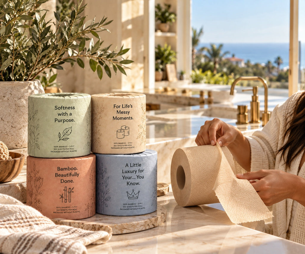Ever Roll toilet paper rolls in Soft Salmon, Soft Mint, Sky Blue, and Rich Oatmeal wrappers