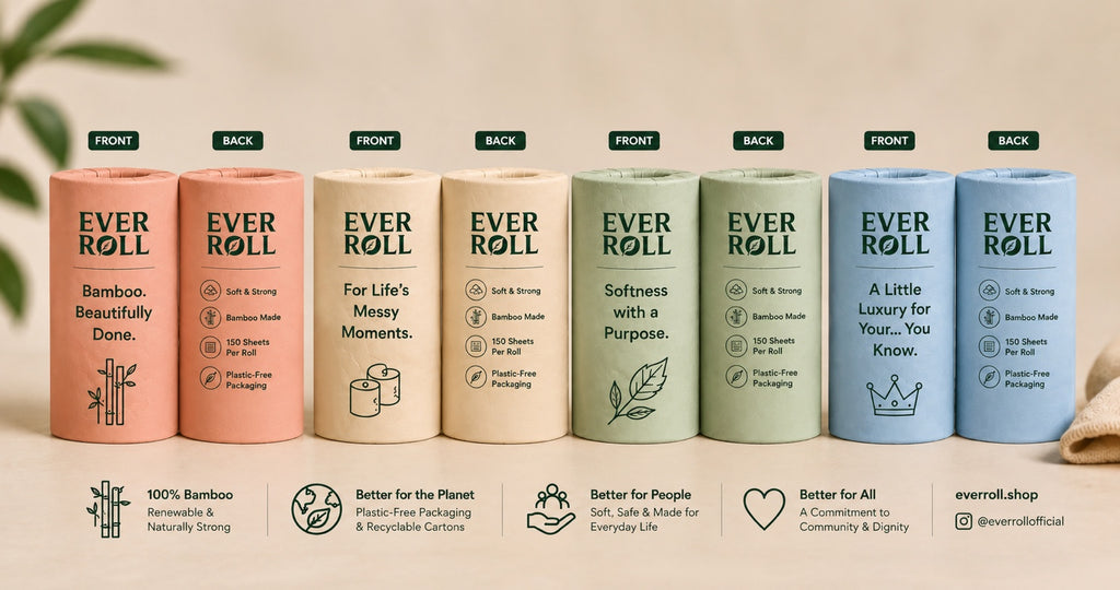 Ever Roll paper towel wrapper colors — Soft Salmon, Rich Oatmeal, Soft Mint, and Sky Blue